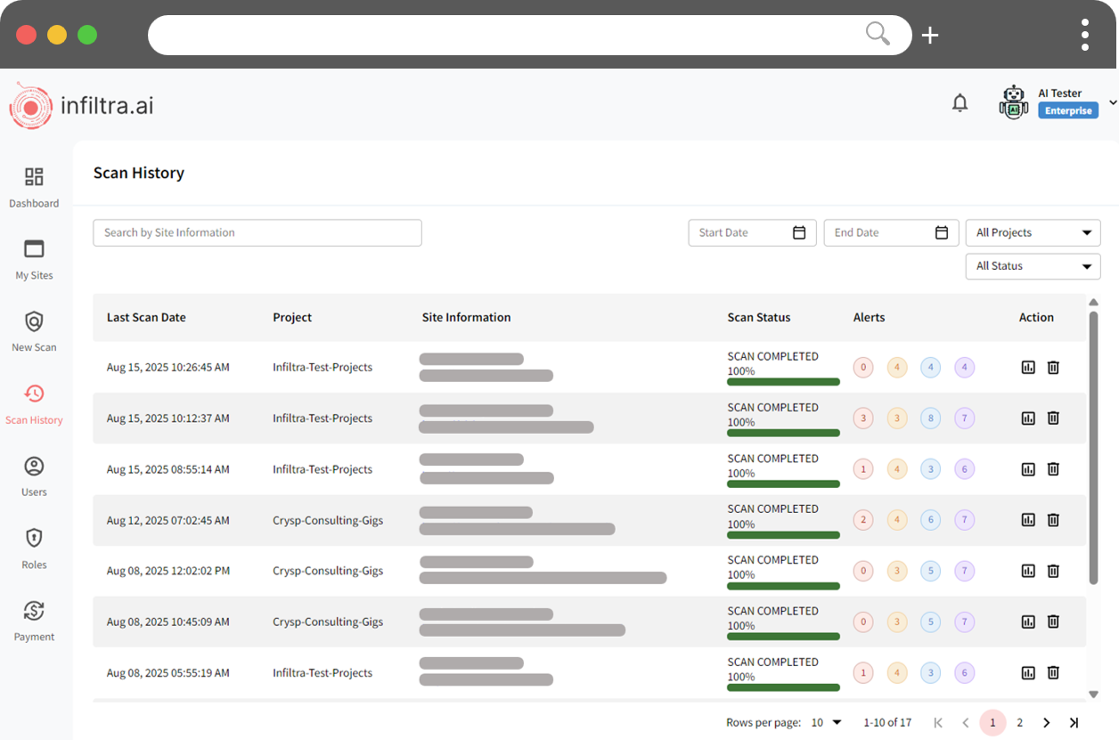 Infiltra.ai Scan History